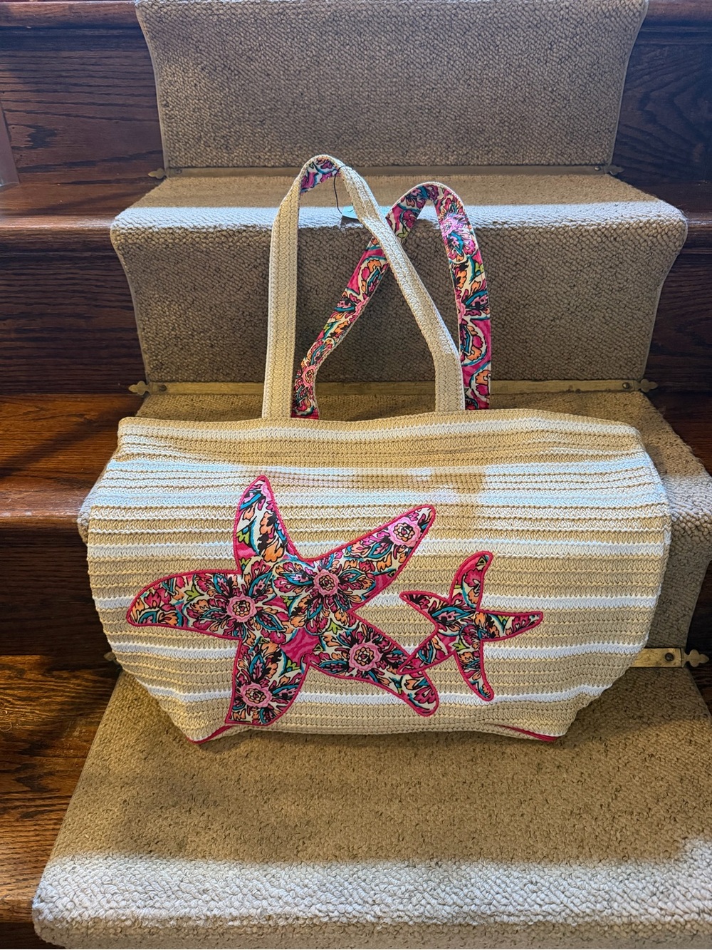 Vera Bradley Cream Woven Tote with Pink Floral Starfish Appliqué New with Tags